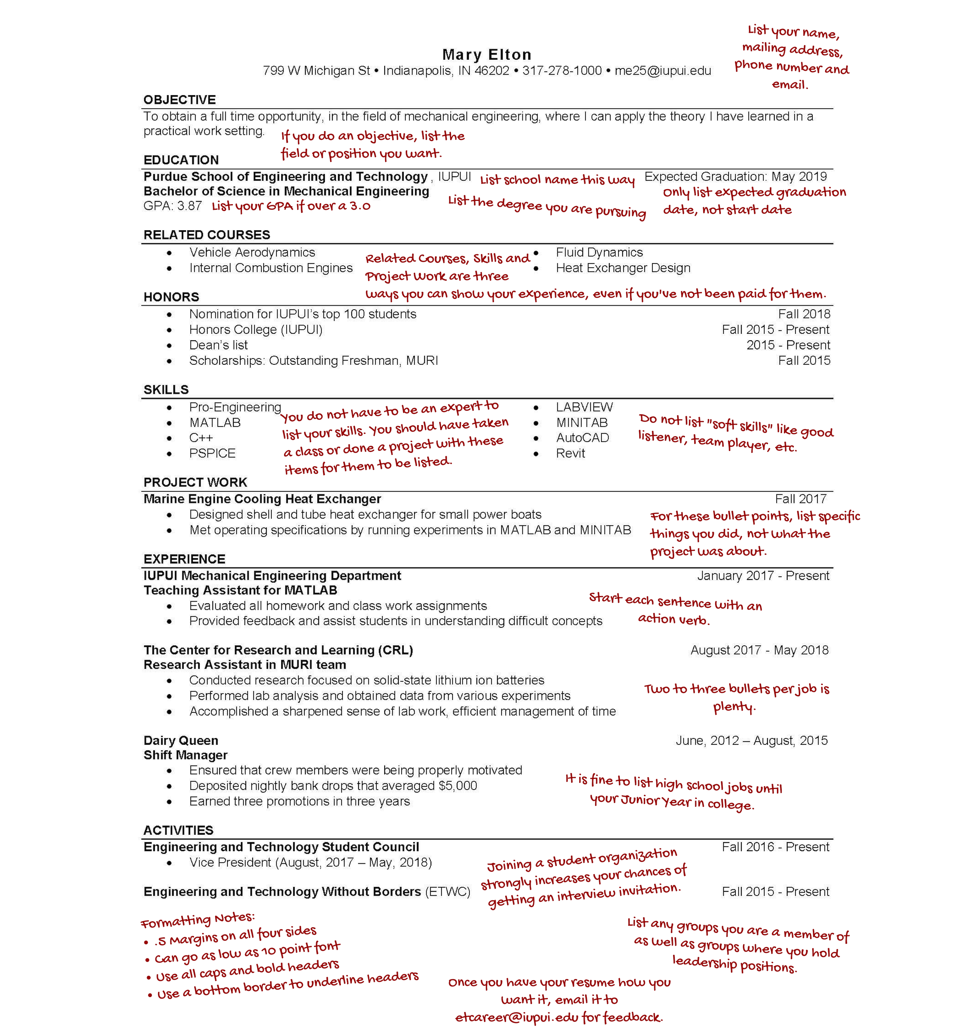 Undergraduate Student Resume from et.iupui.edu